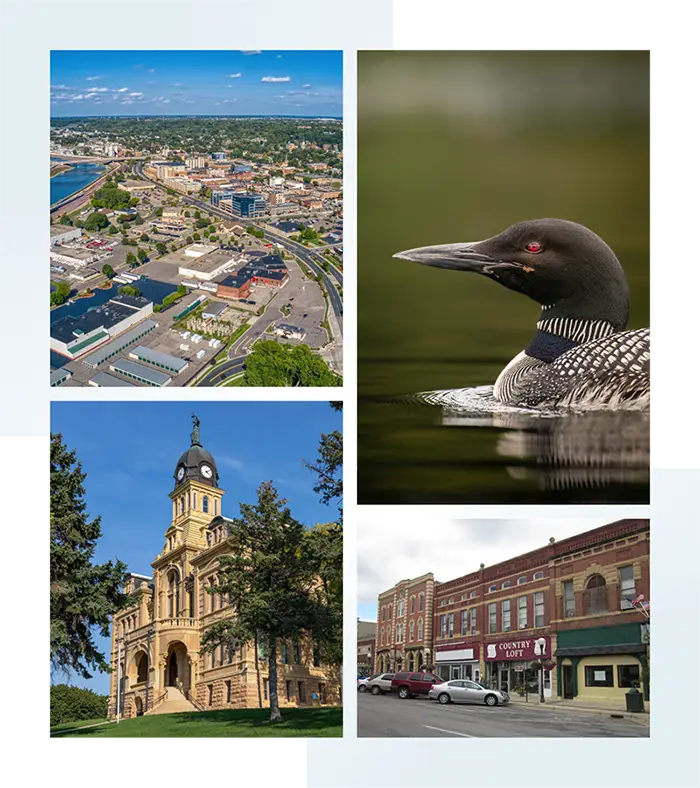 Photo collage featuring an aerial view of Mankato, MN, a loon, the blue earth county courthouse, and downtown new ulm, MN (taken by Doug Kerr)